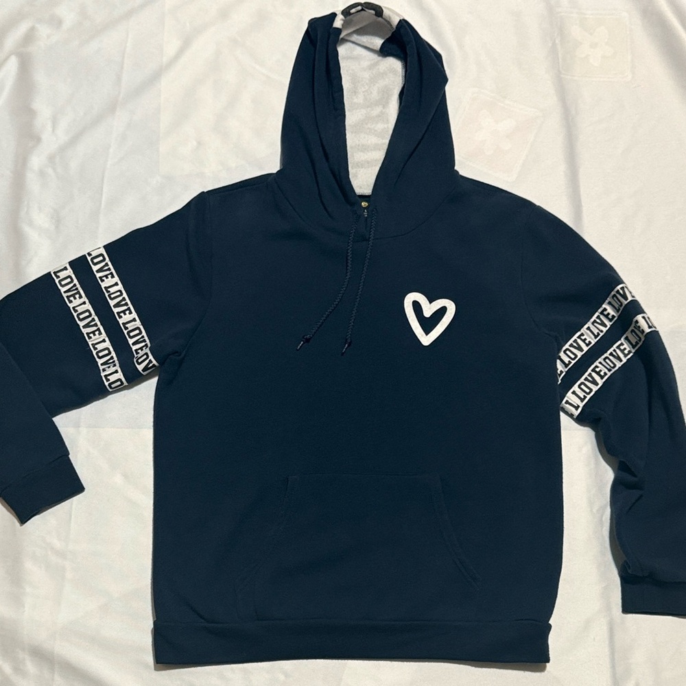 Women’s Large Navy Hoodie with Deep Front Pockets “Love” - Picture 1 of 8